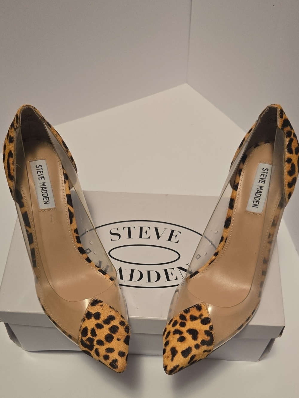 Steve Madden Leopard Print Pointed Toe Pumps with Clear Panels